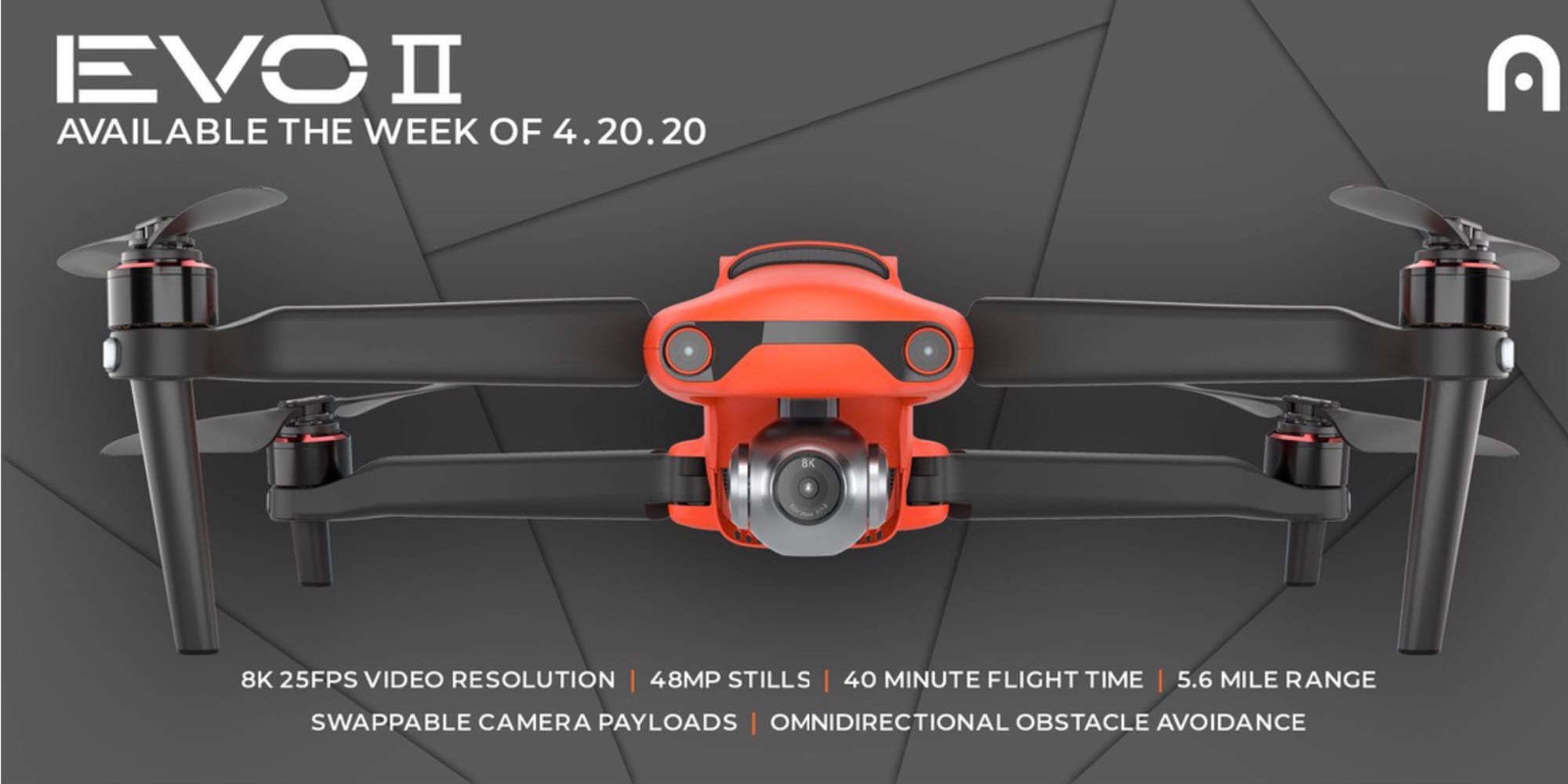 Autel EVO II promotional banner listing 8K video and its availability week.