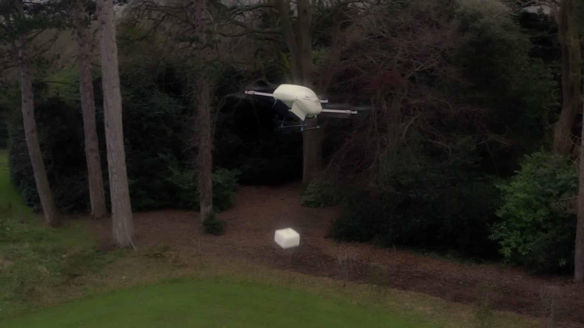 Manna Aero delivery drone lowering medication to a home in Ireland during the coronavirus crisis.