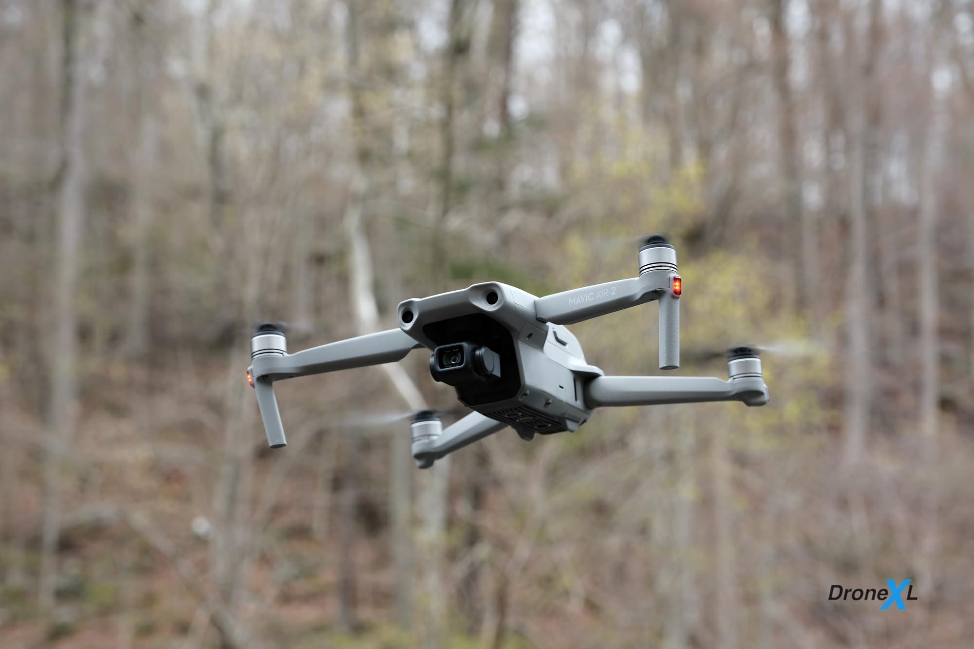 DJI Mavic Air 2 hovers among bare trees in early spring woodland.