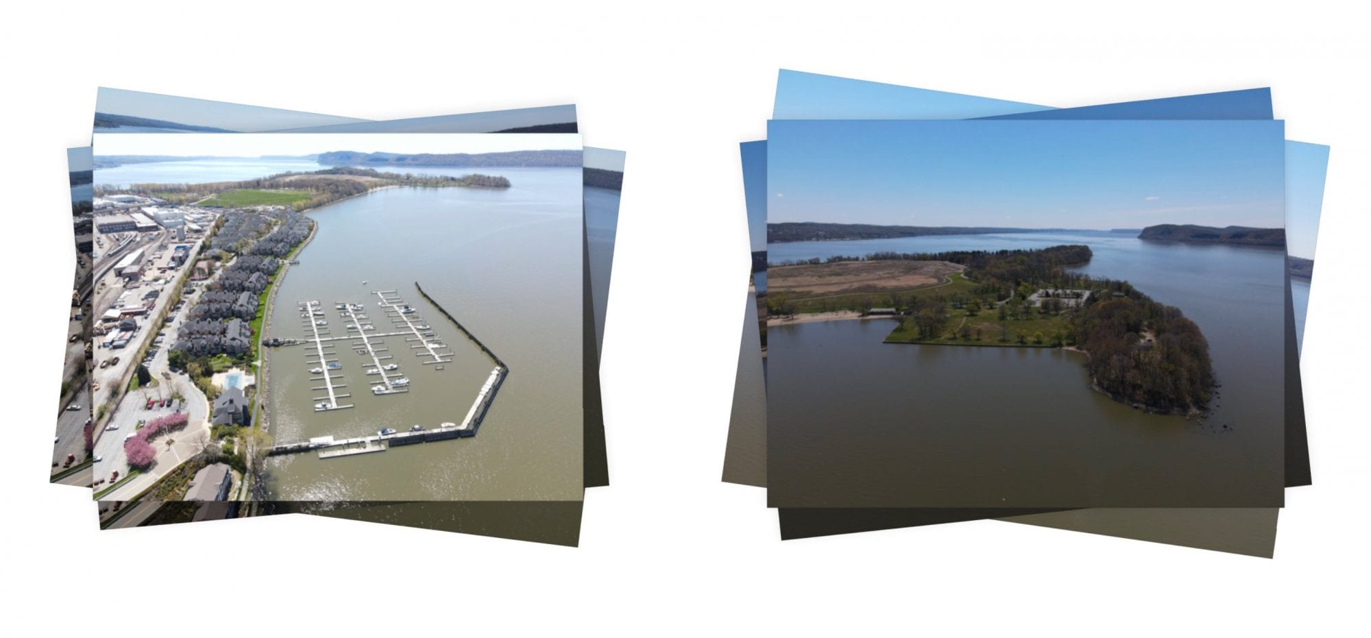 Two stacks of bracketed aerial exposures showing a marina and a wooded lake.