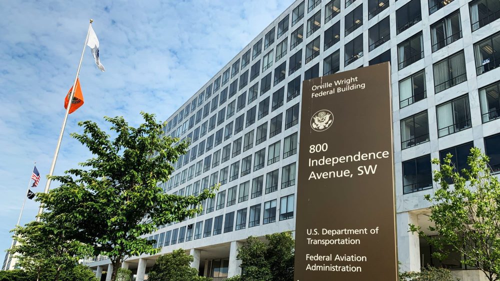 FAA and Department of Transportation signage outside the agency's Washington headquarters.