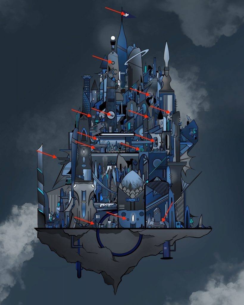 DJI puzzle illustration of a floating city with red arrows marking hidden clues.