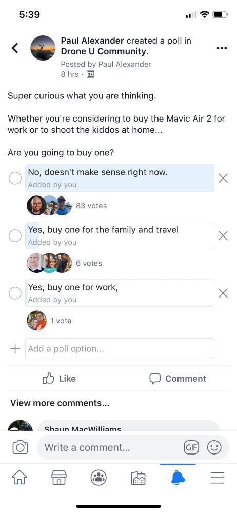 Poll results showing 92% of Drone U pilots would not buy the DJI Mavic Air 2.