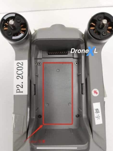 Leaked Mavic Air 2 shell photo with a red box marking a blank sensor area.