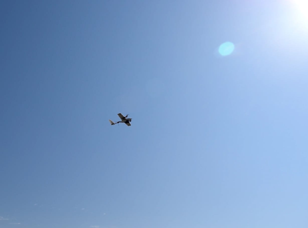 Oklahoma State University's modified Nimbus VTOL V2 medical supply delivery drone during the test flight.