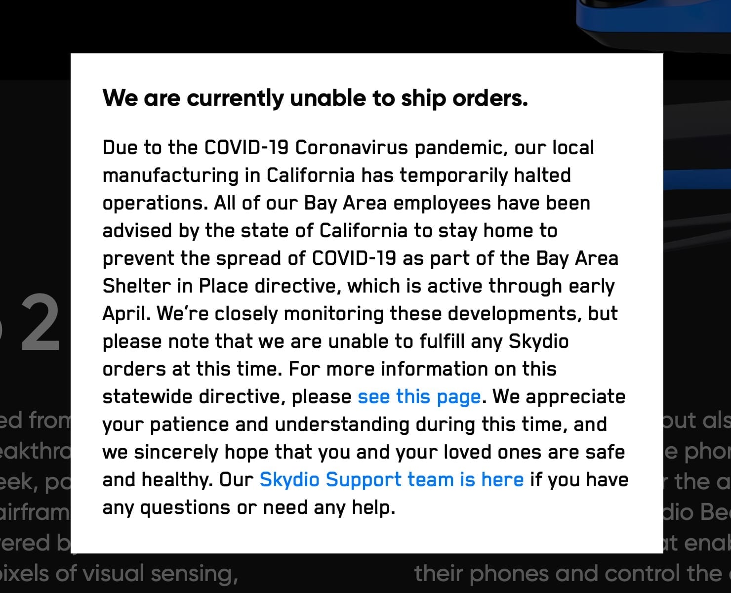 Screenshot of the Skydio website notice saying the company cannot ship orders during COVID-19.
