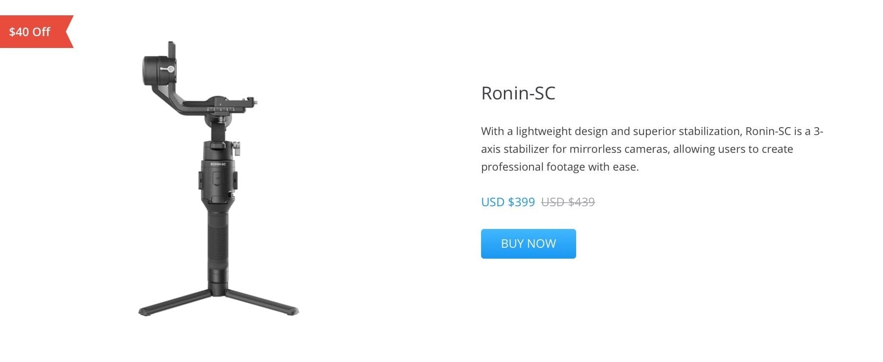 Screenshot of the DJI Easter Sale offer on the DJI Ronin-SC gimbal for $399.