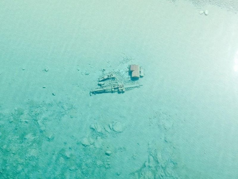 Aerial view of the Rising Sun shipwreck, a 133-foot (41-meter) wooden steamer near Pyramid Point.