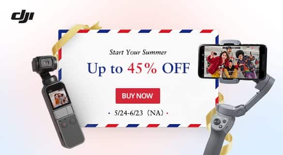 DJI Summer Sales event banner promoting Osmo Pocket and Osmo Action discounts.