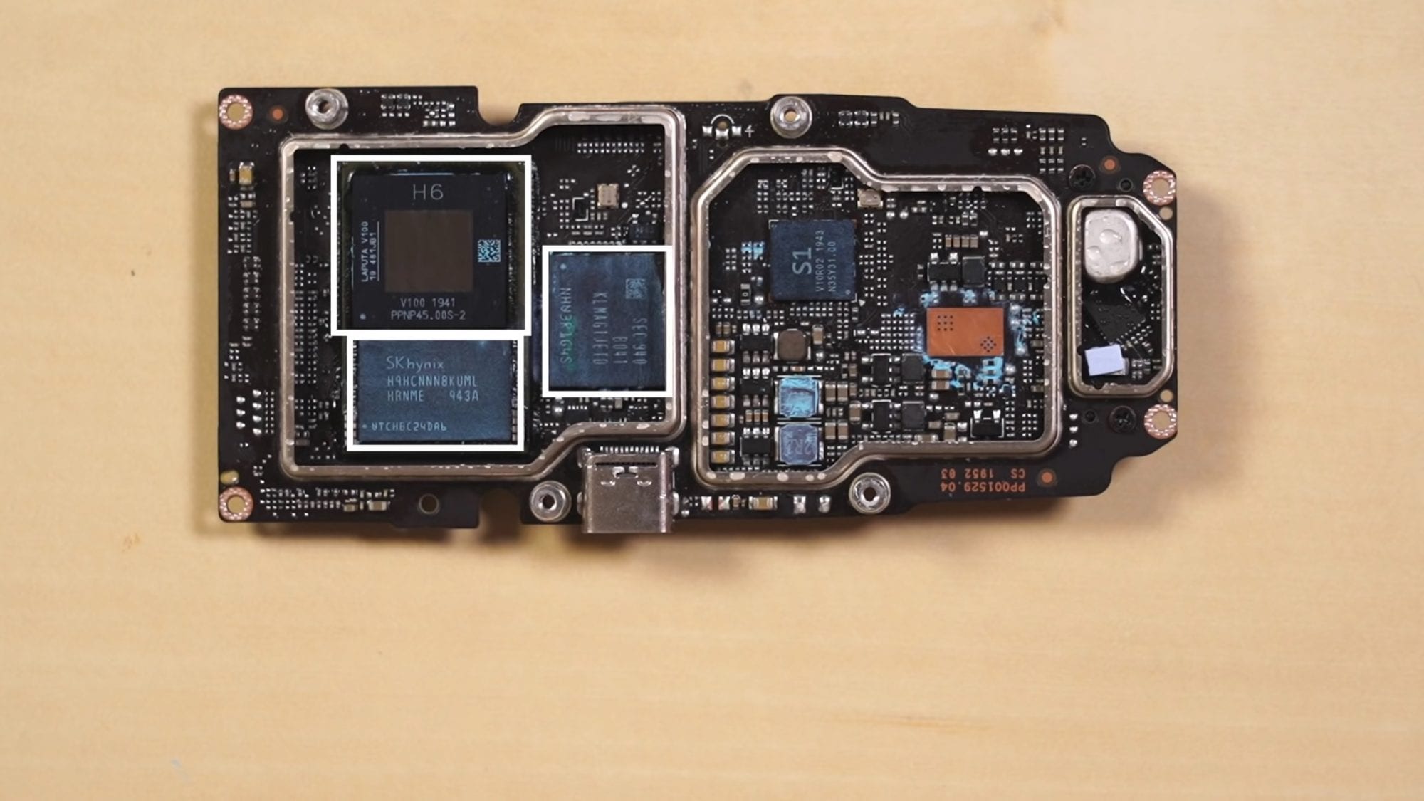 DJI Mavic Air 2 mainboard from a teardown with the H6 processor exposed.