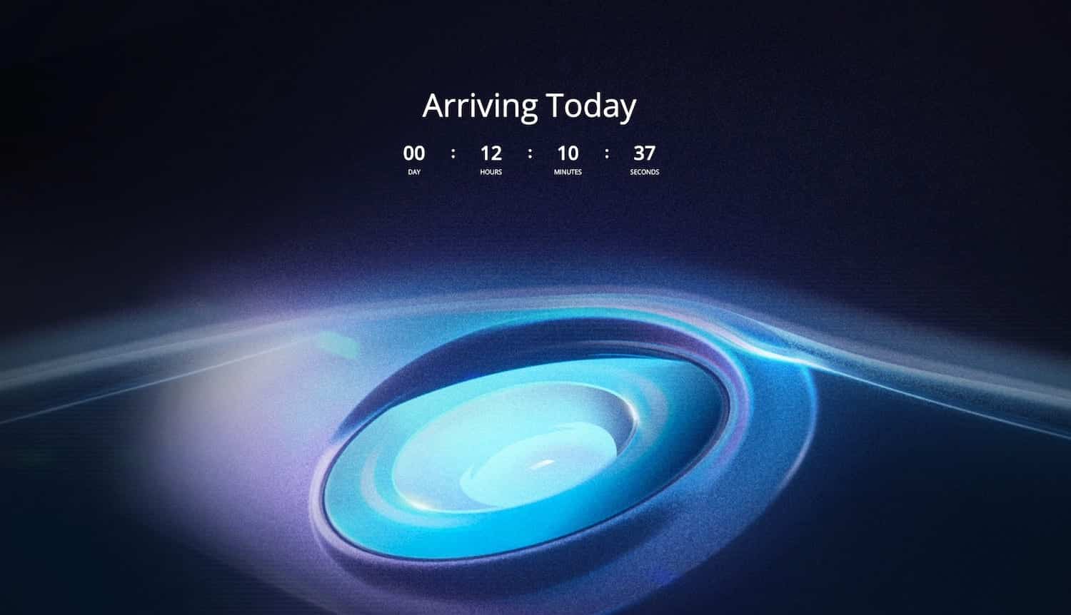 DJI teaser page reading Arriving Today with a countdown over a glowing blue lens.