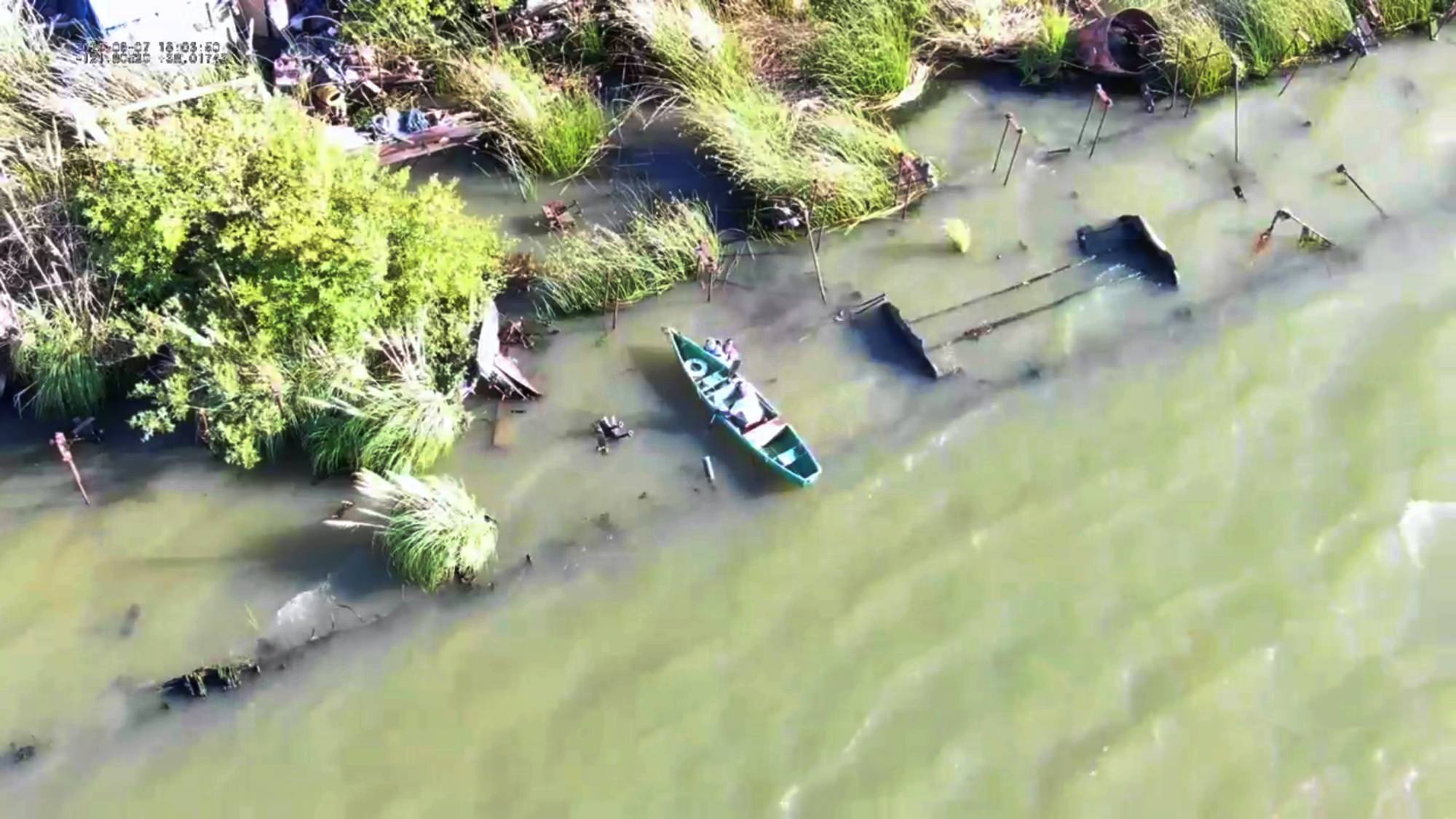 Antioch Police drone view of the father and daughter stranded on a sunken train ferry.