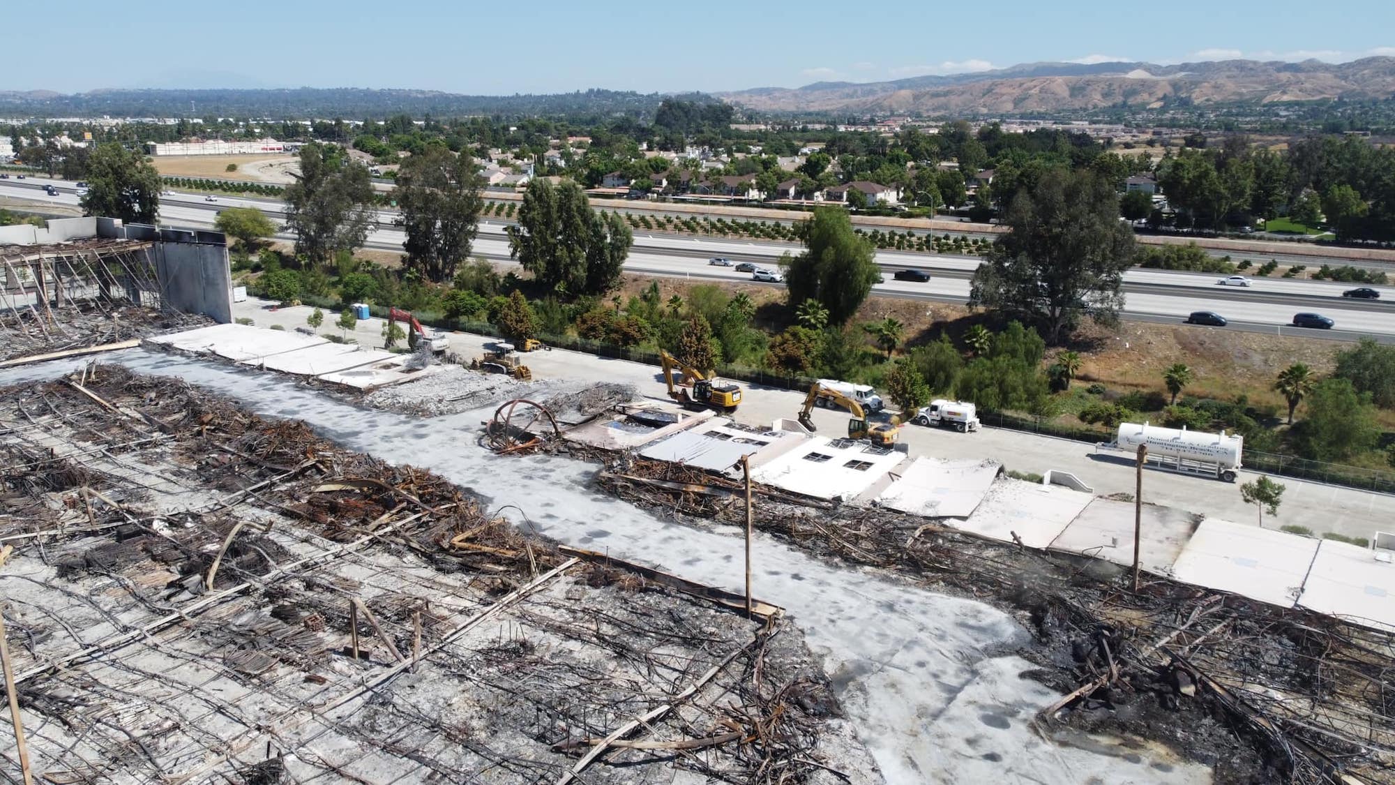 Aerial drone photo of the collapsed roof of the Amazon distribution center in Redlands.