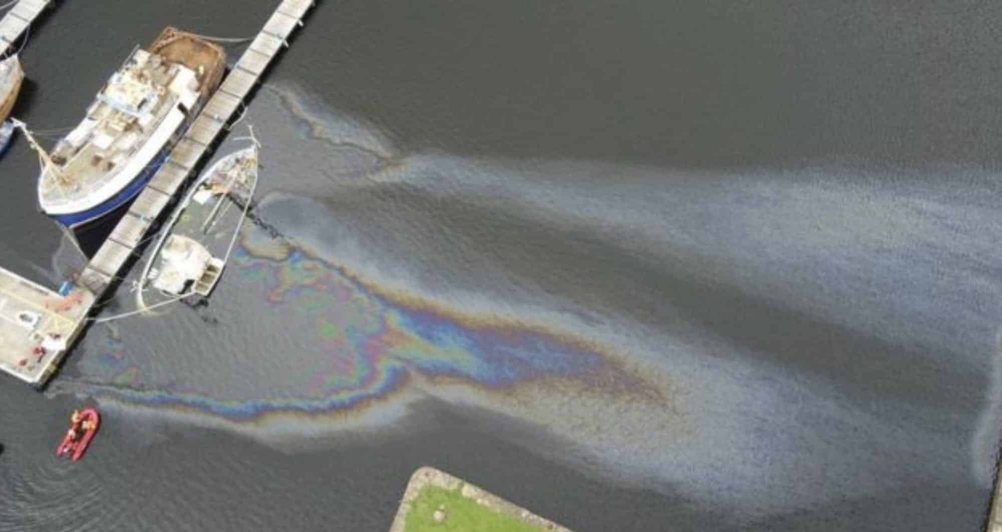 Aerial drone photo of the oil spill at Glasson Dock Marina after a boat sank.