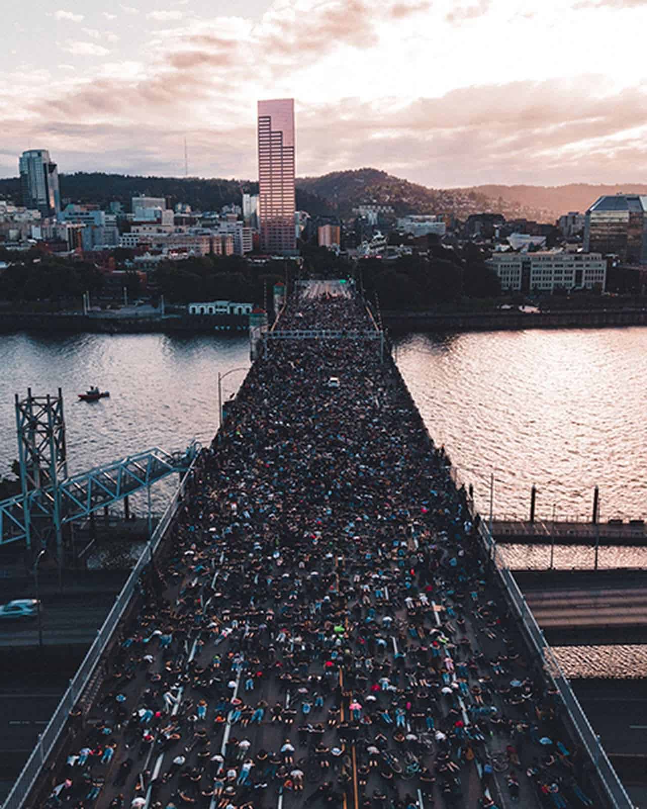 Aerial view of protesters lying on the Burnside Bridge in Portland, captured by Andrew Wallner's drone.