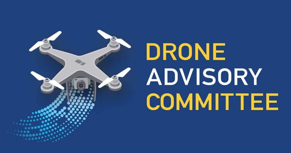 Drone Advisory Committee title graphic with an illustrated quadcopter on a dark blue background.