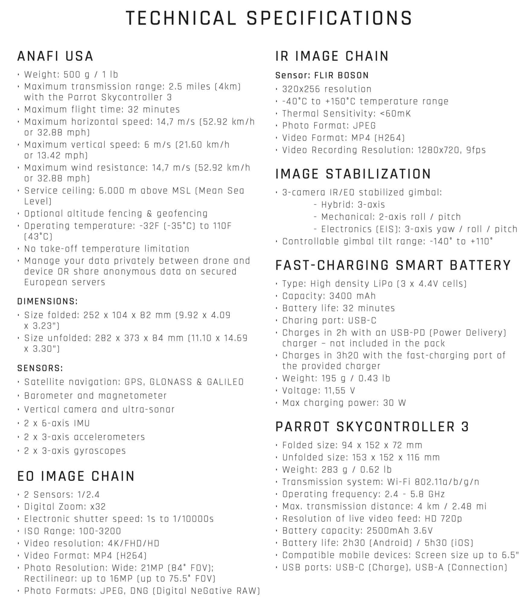 Parrot ANAFI USA Spec sheet