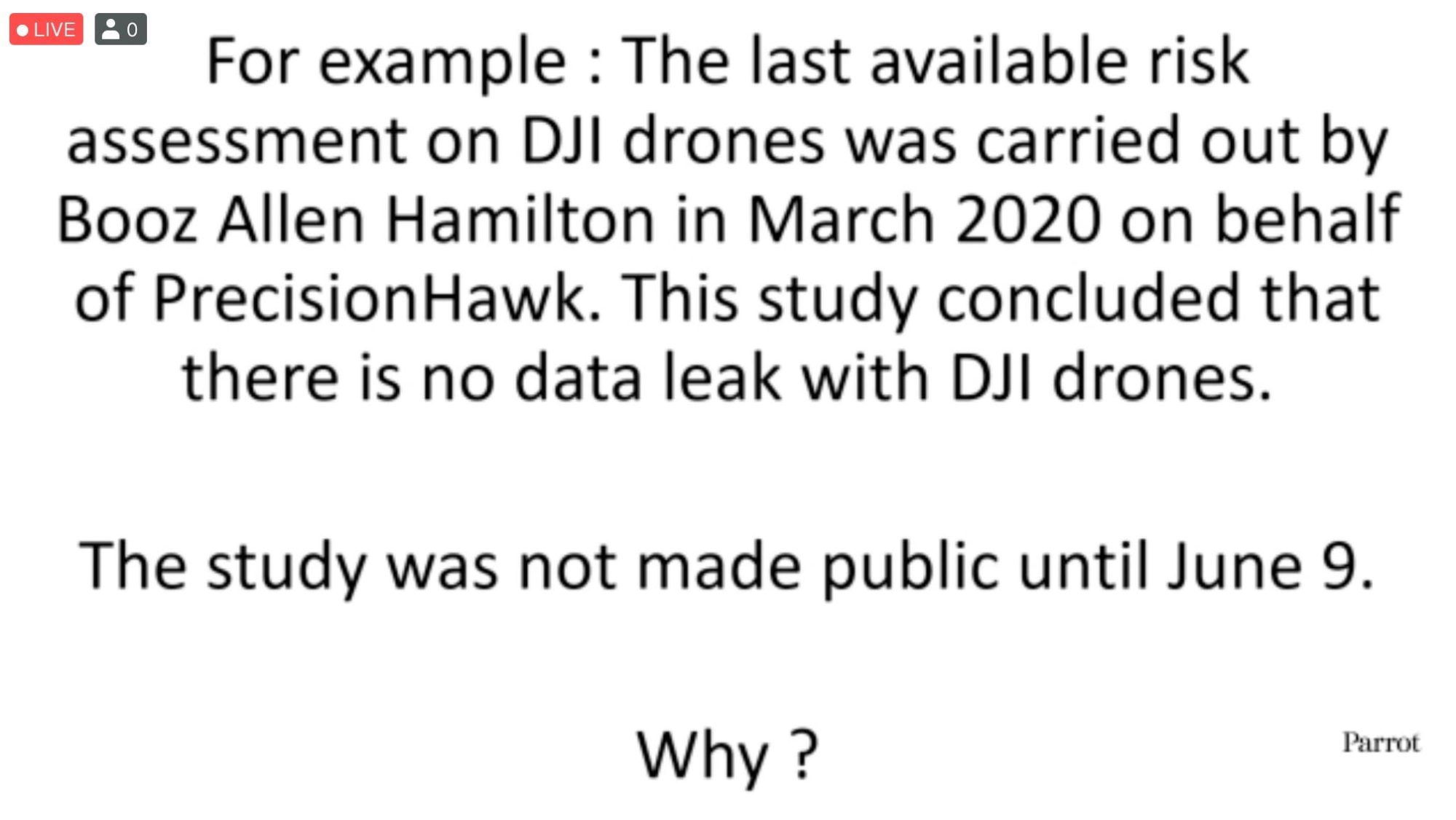 Slide from Parrot's ANAFI USA presentation targeting DJI's data security record.