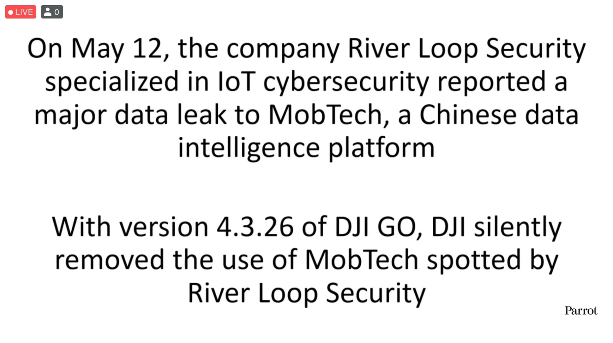 Parrot presentation slide accusing DJI of silently removing software from the DJI GO 4 app.