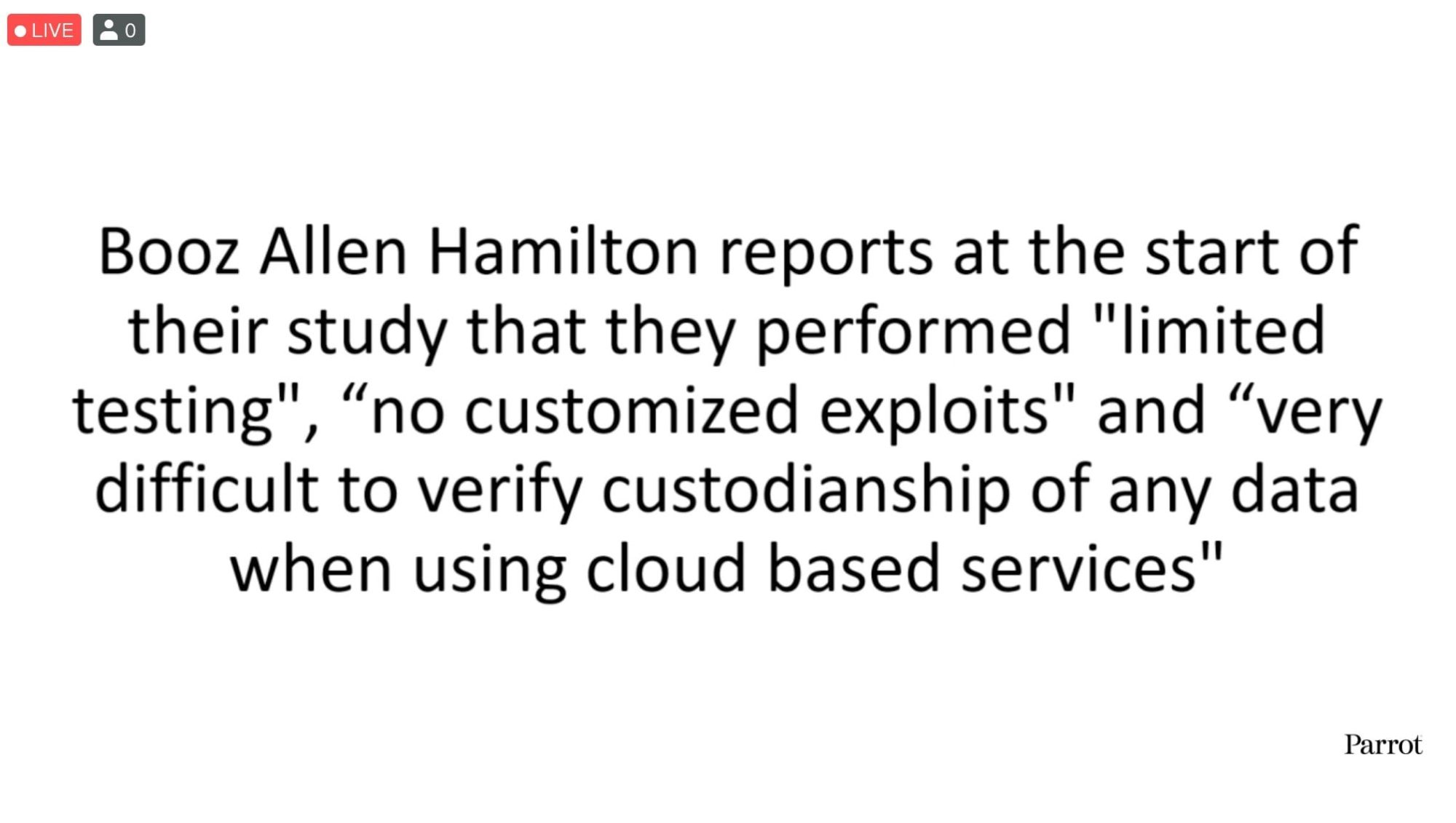 Final slide in Parrot's ANAFI USA presentation criticizing DJI over data security.