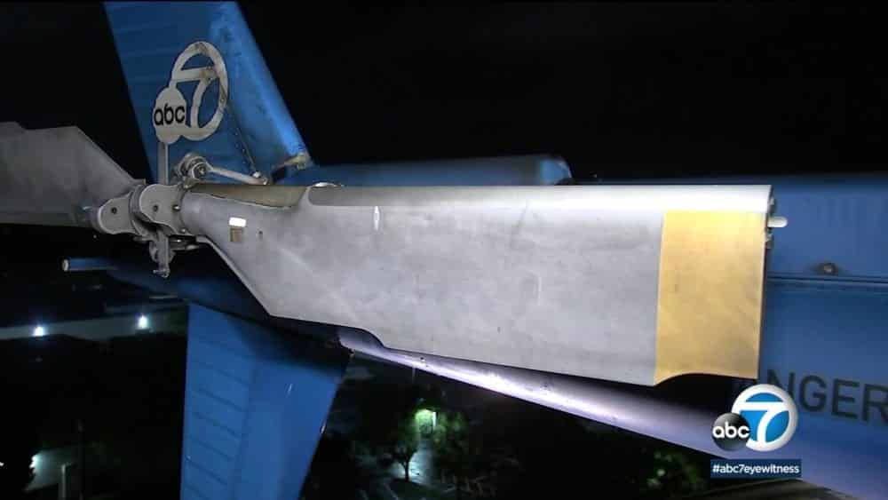 Damage to the AIR7 HD news helicopter struck by a suspected drone over downtown Los Angeles.