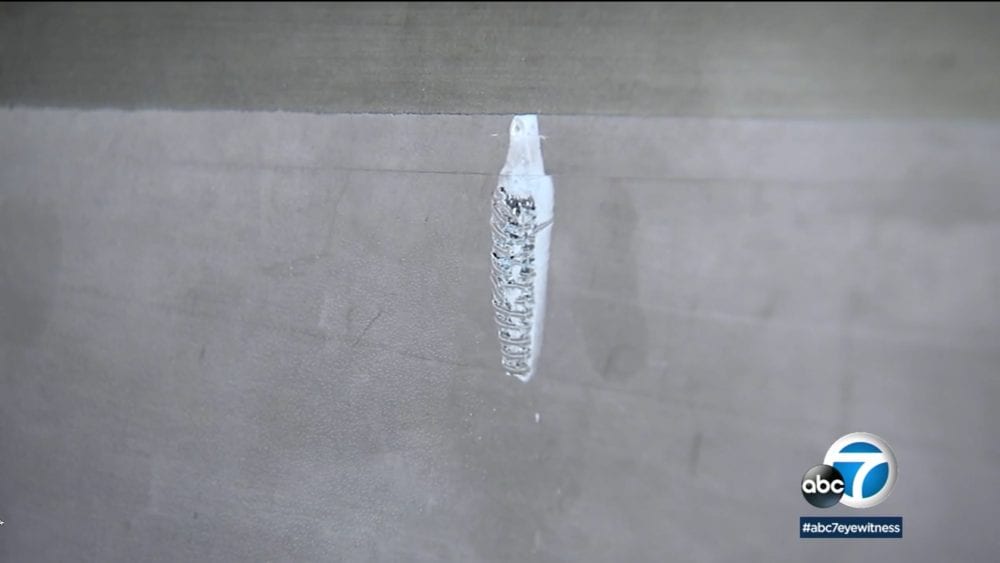 Close-up of the damage on the AIR7 HD news helicopter after the suspected drone strike in Los Angeles.