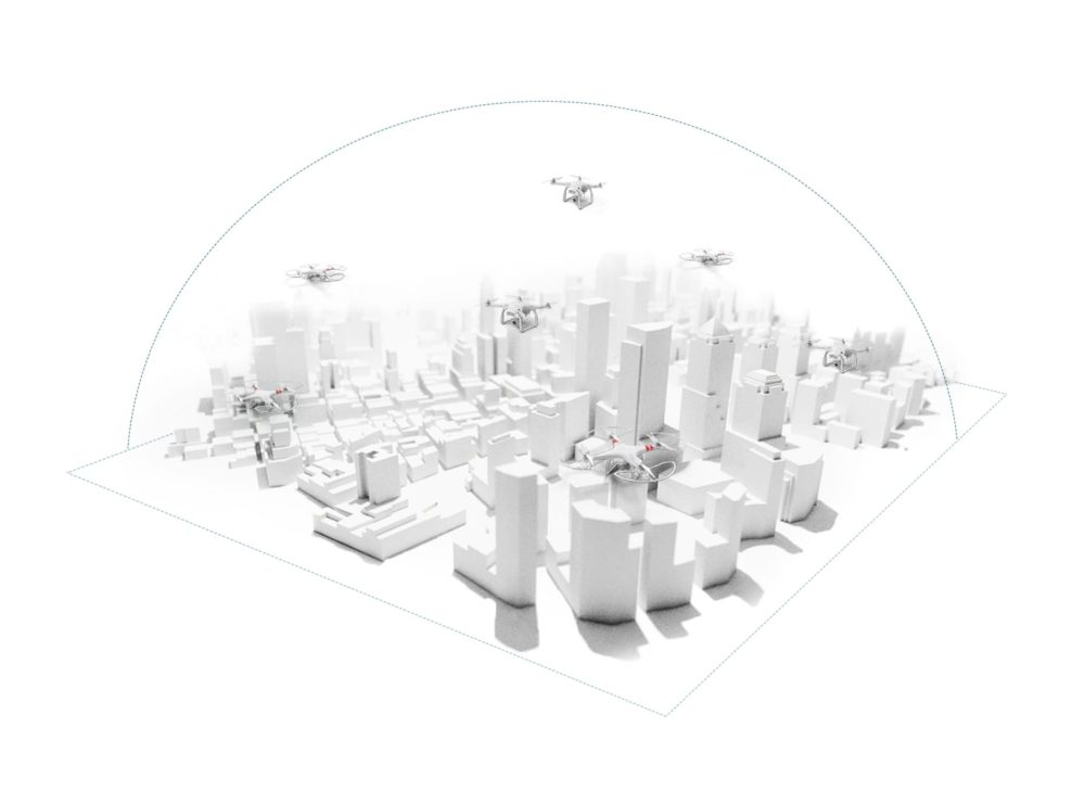 White three-dimensional city model with drones flying under a dome-shaped boundary.