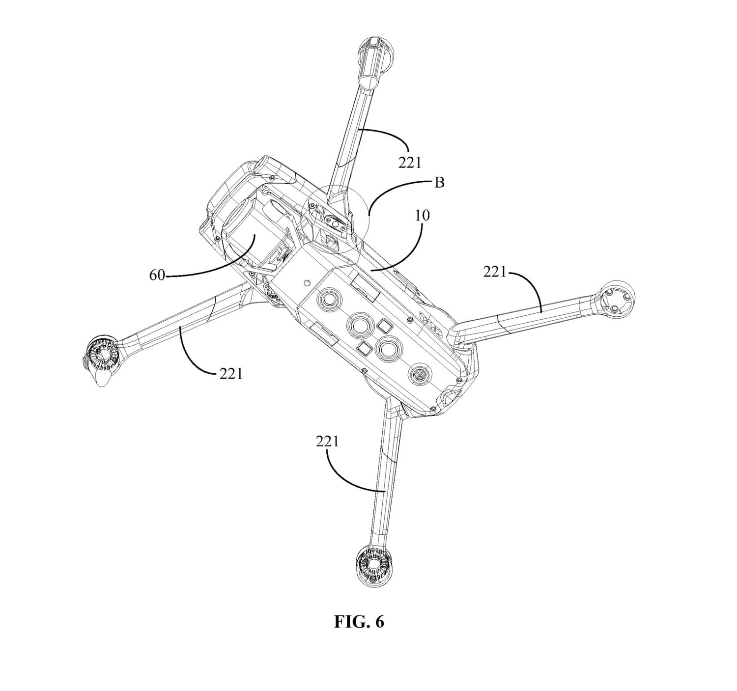 Drawing from DJI's August 2017 patent filing detailing the drone arm folding mechanism.