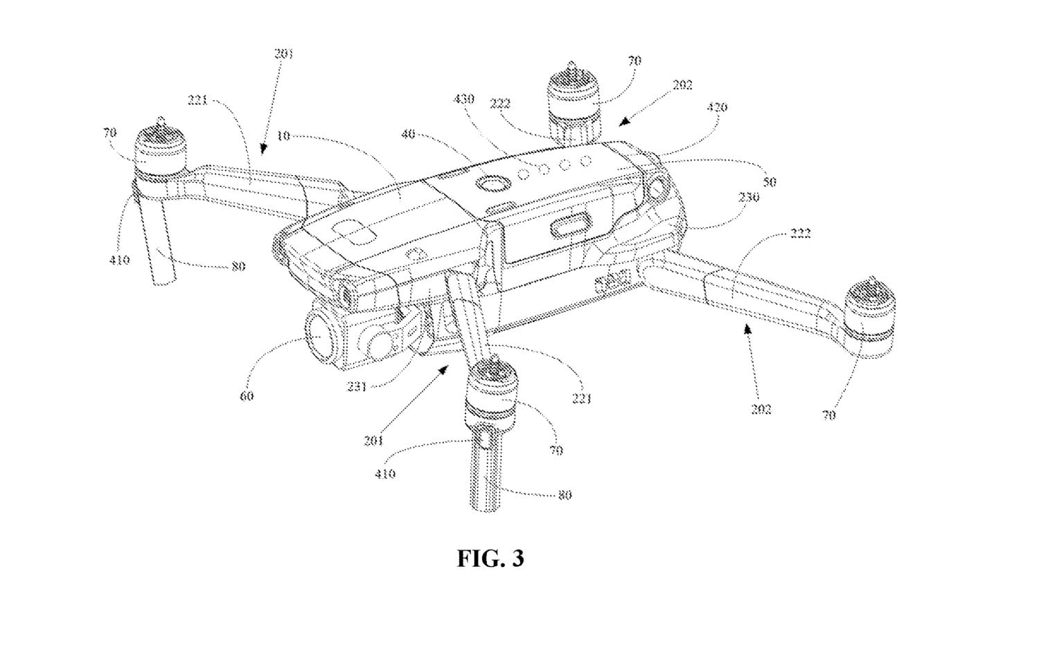 Patent figure of the arm components that let a DJI drone fold flat.
