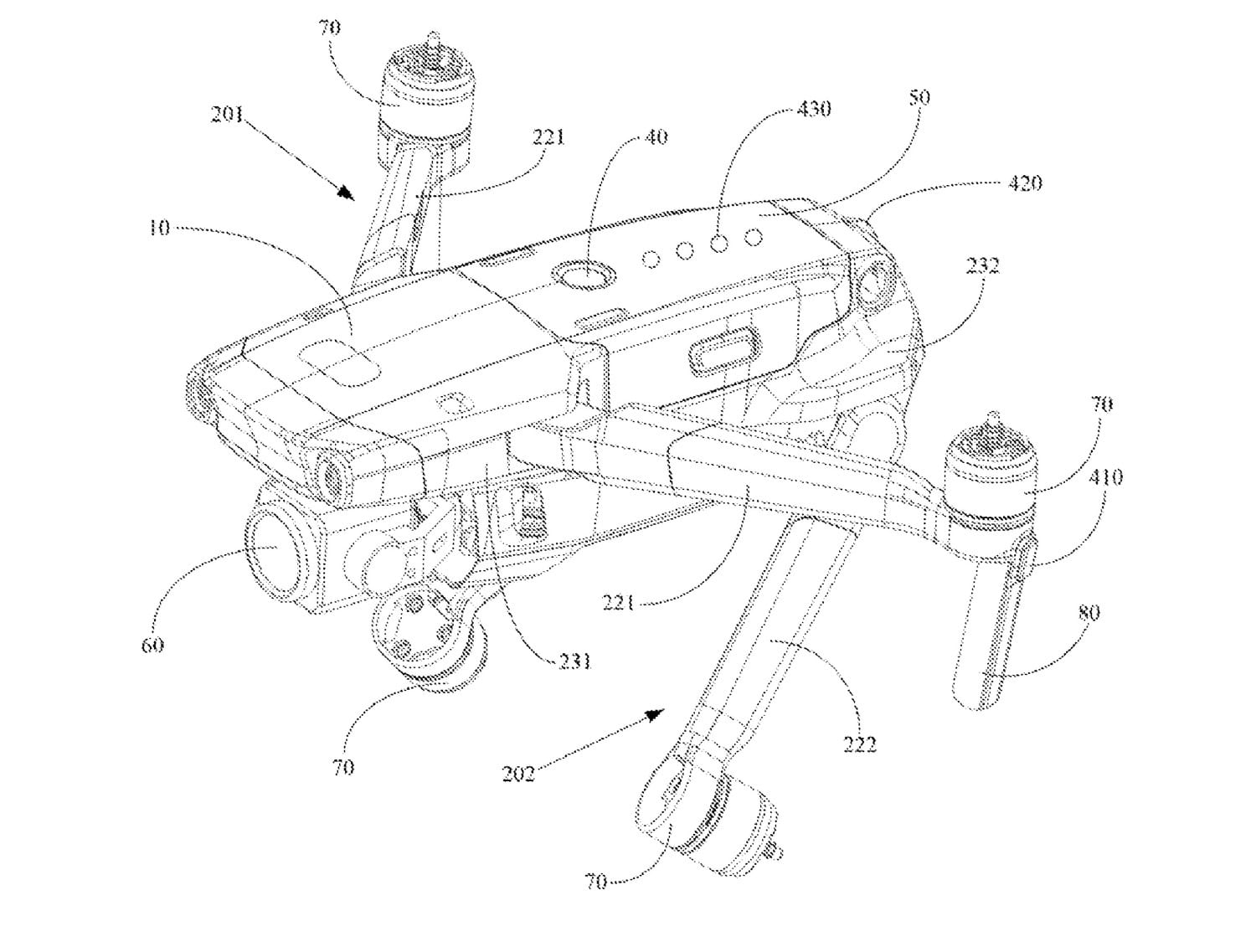 Patent drawing of a folding arm assembly from DJI's August 2017 filing.
