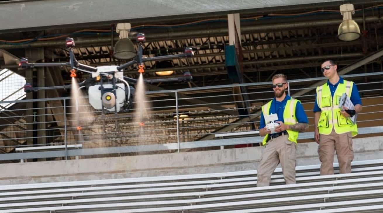 Arvika Aerial Tech disinfectant-spraying drone over the seats of the Cotton Bowl stadium in Dallas, Texas.