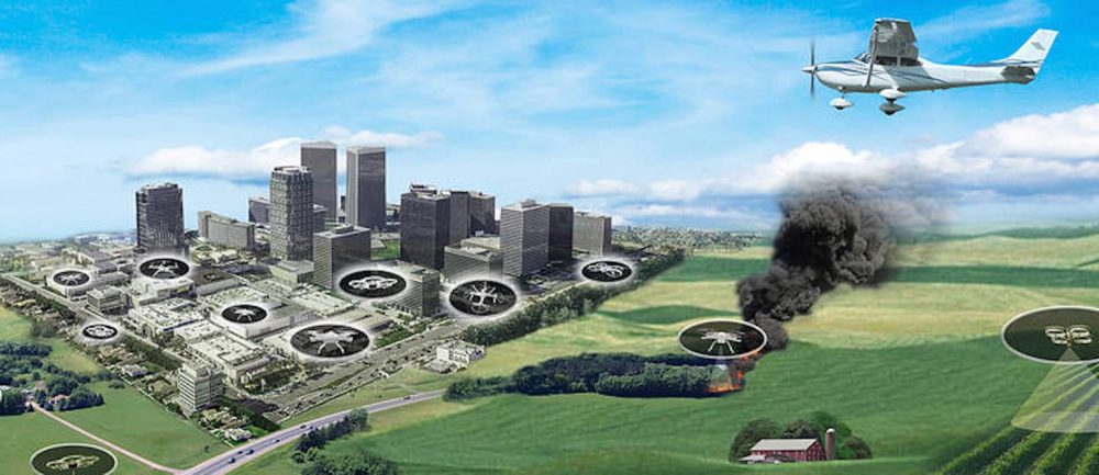 Illustration of drone corridors over a city, a burning barn and a passing light plane.