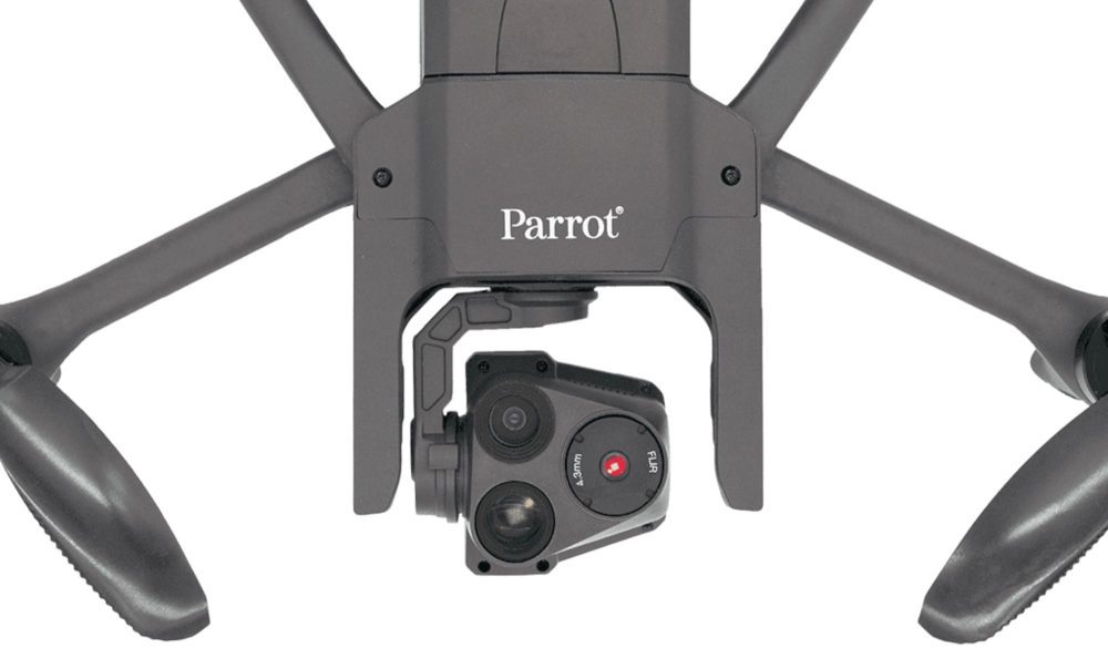 Underside of a Parrot drone showing its FLIR thermal and optical camera gimbal.