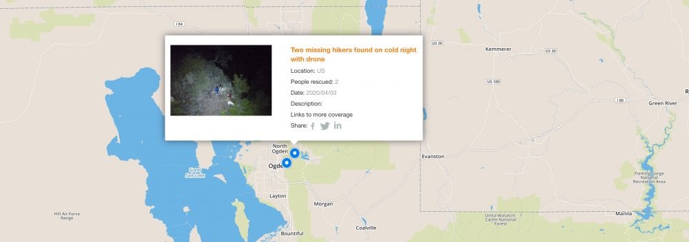Screenshot of DJI's drone rescue map showing a Weber County search and rescue operation.