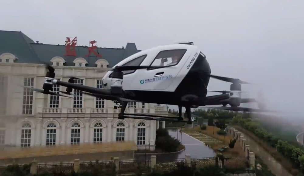 EHang 216 autonomous air taxi during passenger sightseeing flights in Yantai, China.