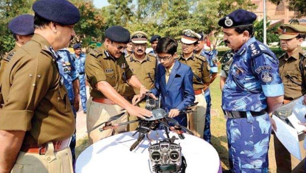 Harshwardhansinh Zala of Aerobotics7 with the landmine-detecting drone he developed for the Indian Army.