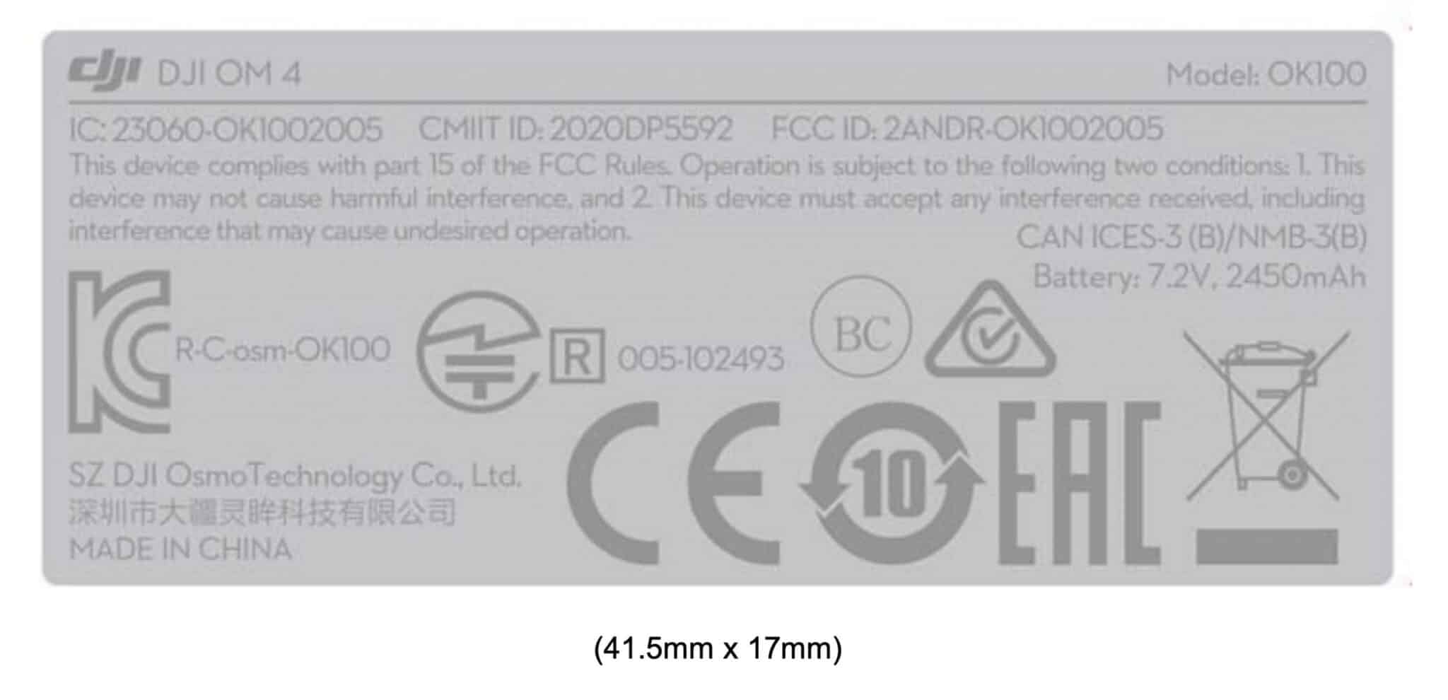 DJI Osmo Mobile 4 label FCC