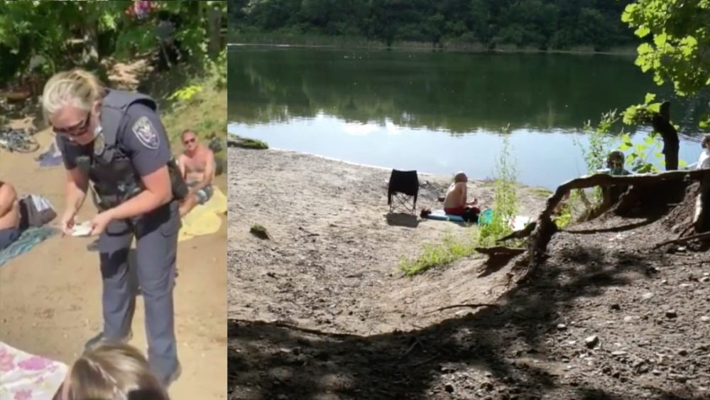 Split frame showing an officer taking notes at a beach and sunbathers by water.