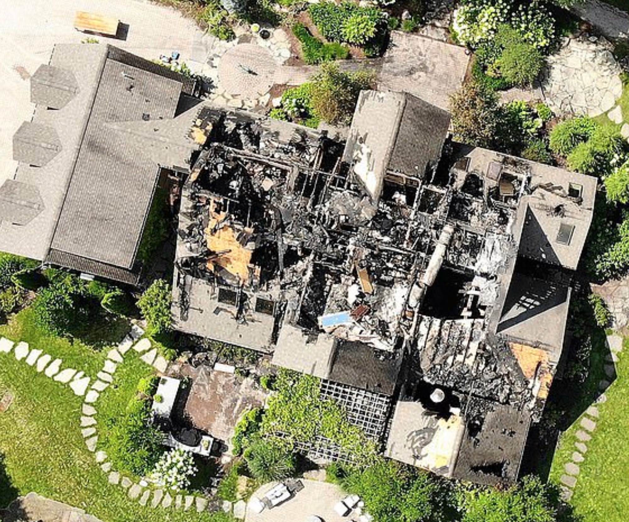 Aerial drone image of the fire-damaged mansion in Lake Luzerne, New York.