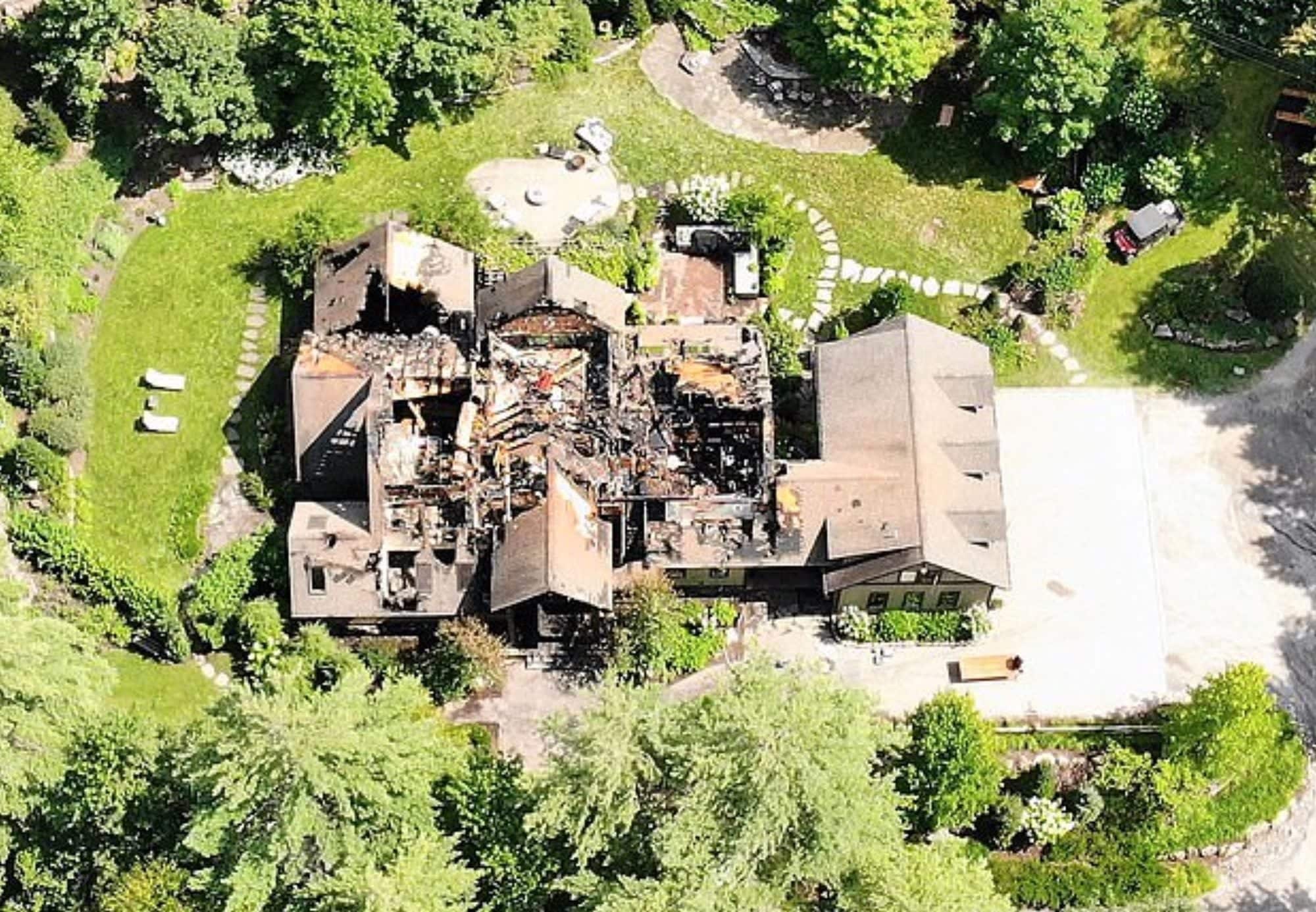 Drone photo capturing the extent of fire damage to Rachel Ray's home.
