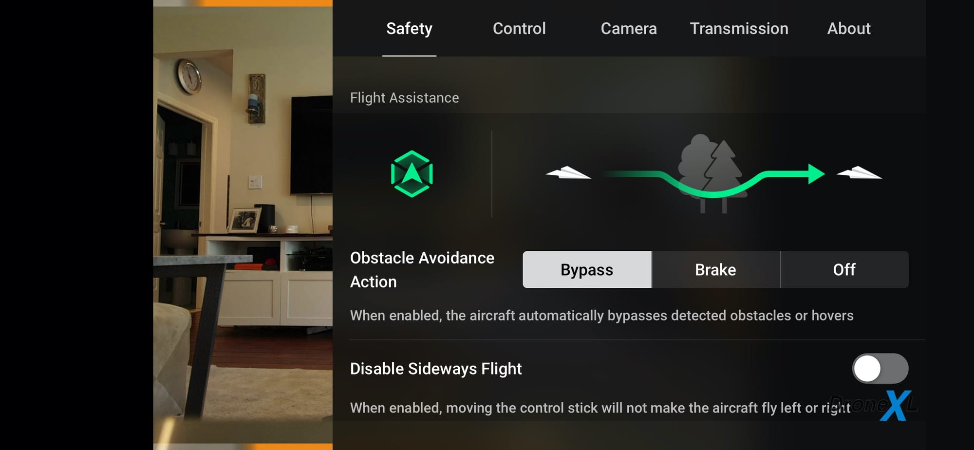 Screenshot of the DJI Fly app showing new Mavic Air 2 flight assistance settings.