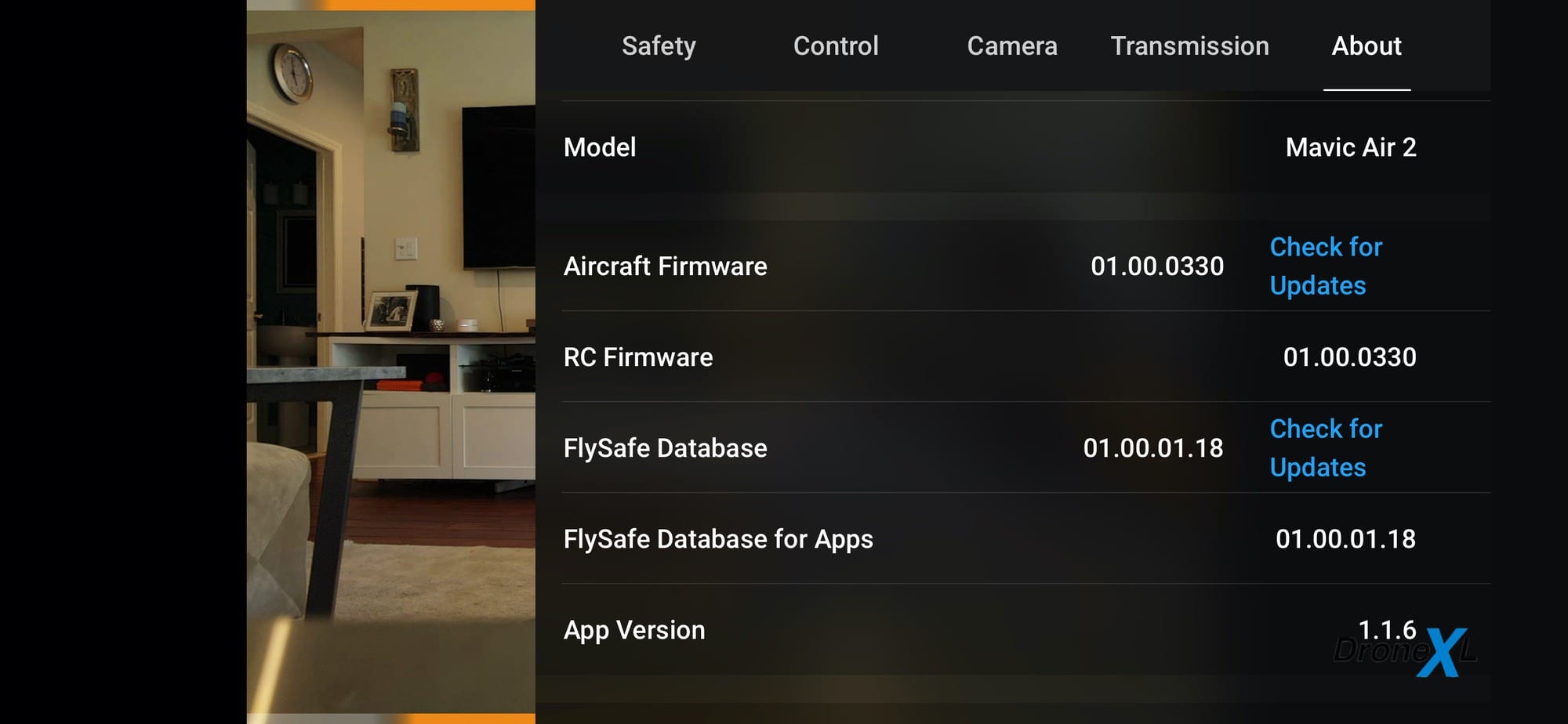 Screenshot of the DJI Fly app showing the Mavic Air 2 firmware version.