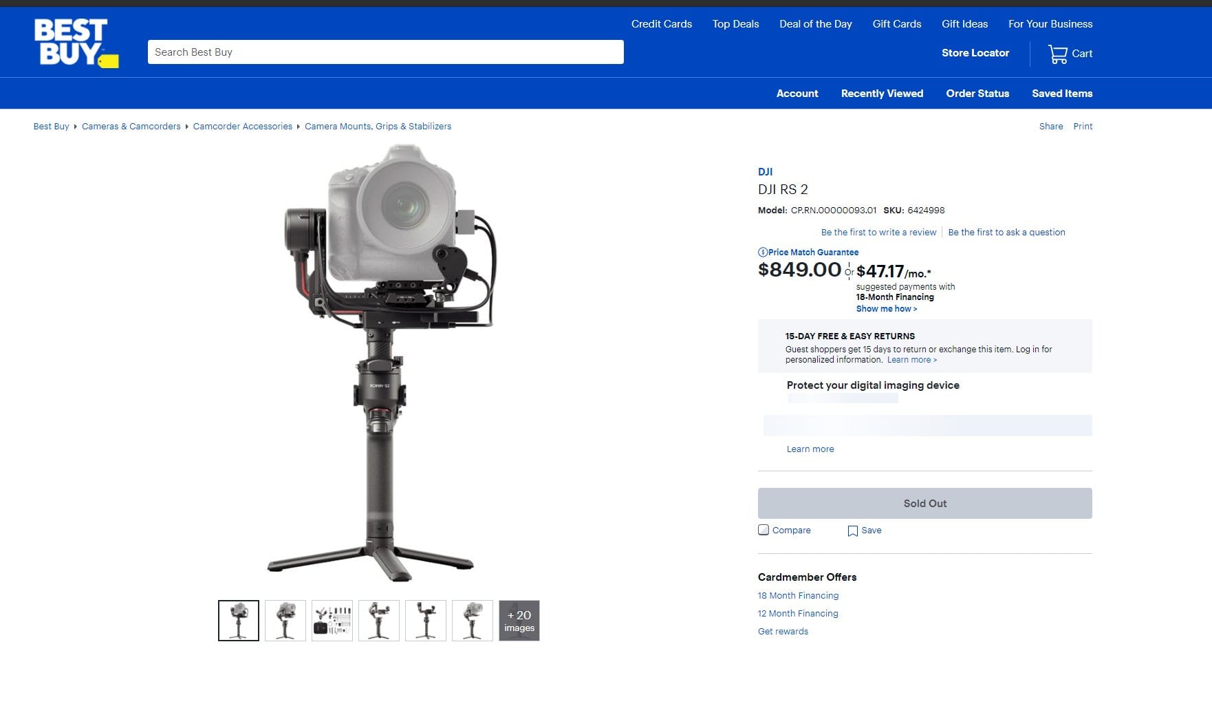 DJI Ronin RS2 and RSC2 gimbals briefly listed on the Best Buy website.