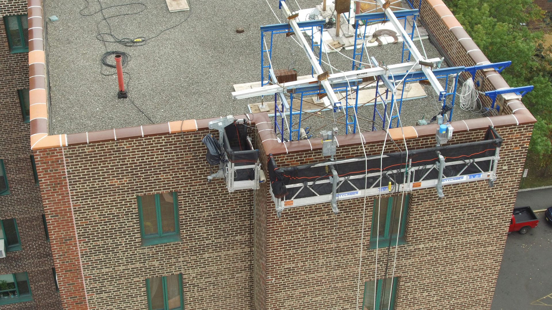 Rigging equipment used during a traditional manual building facade inspection in the Bronx.