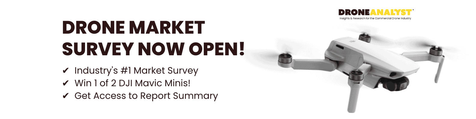 DroneAnalyst drone market survey banner offering a chance to win a DJI Mavic Mini.