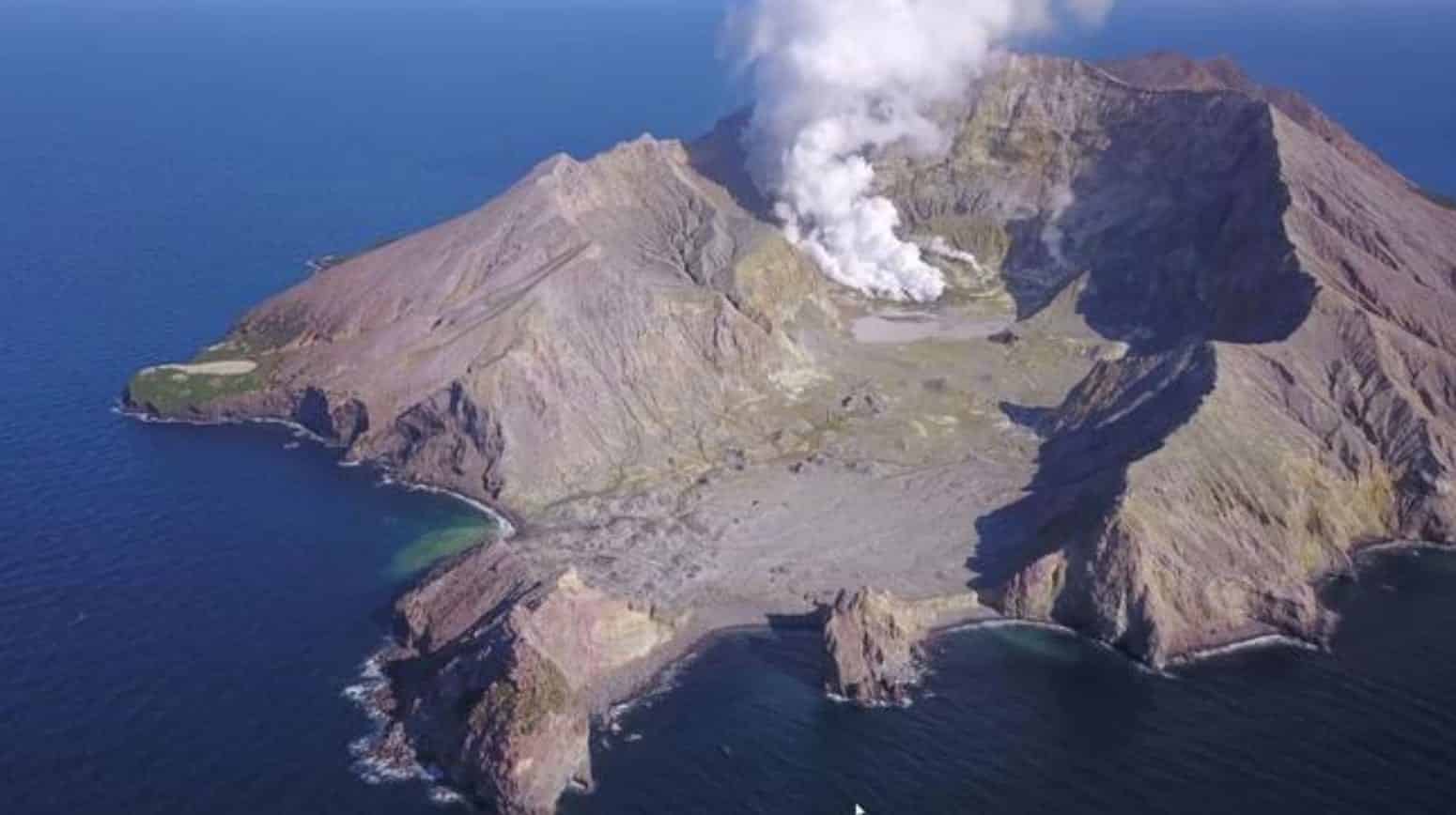 Aerial drone view of the White Island volcano eruption aftermath in New Zealand.