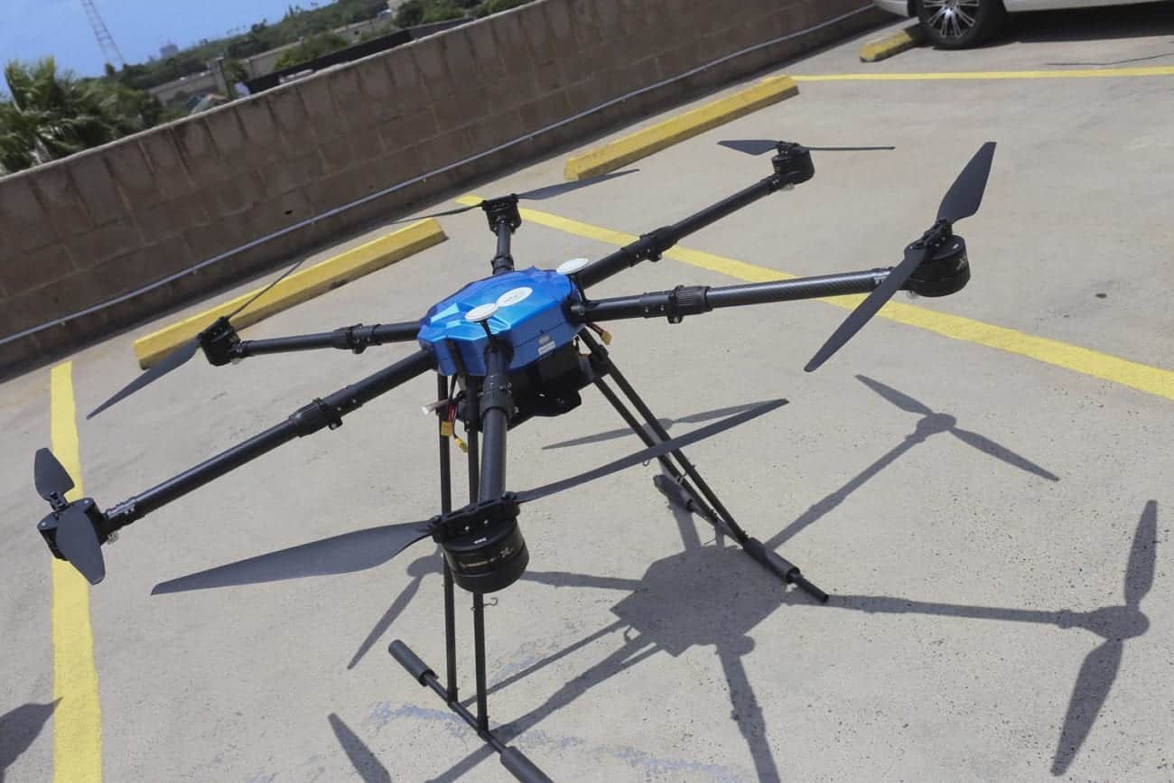 Six-motor mosquito spraying drone spanning eight feet (2.4 meters), acquired by the City of Brownsville, Texas.
