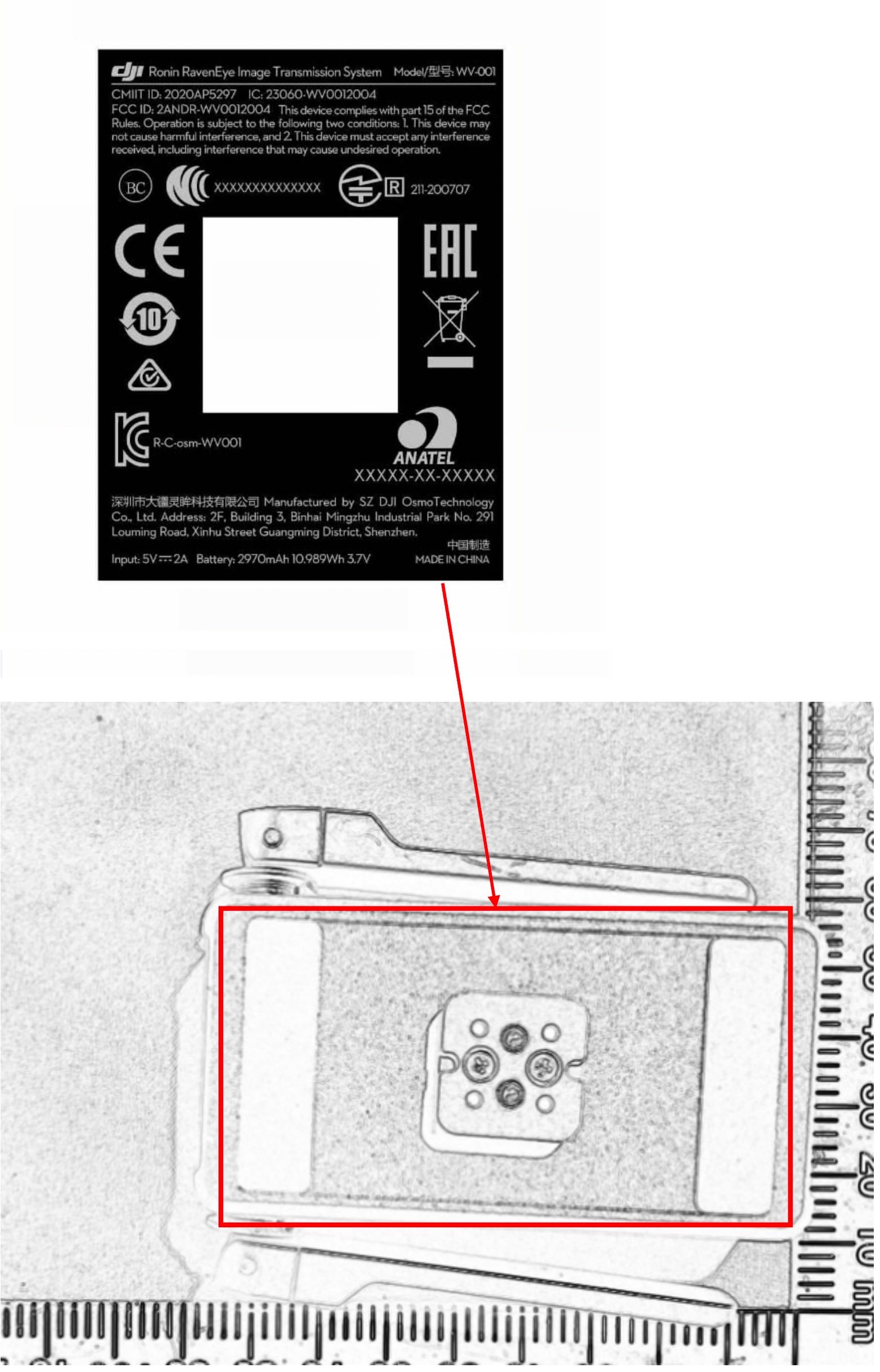 Screenshot of the FCC filing showing the DJI Ronin RavenEye transmitter and its label.