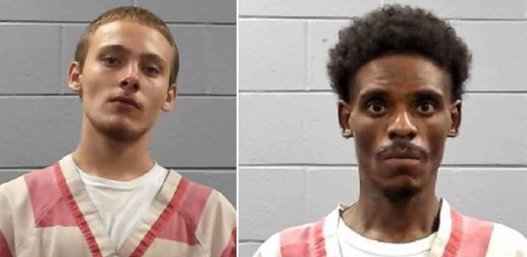 Two booking mugshots of the men arrested over the prison contraband drone flight.