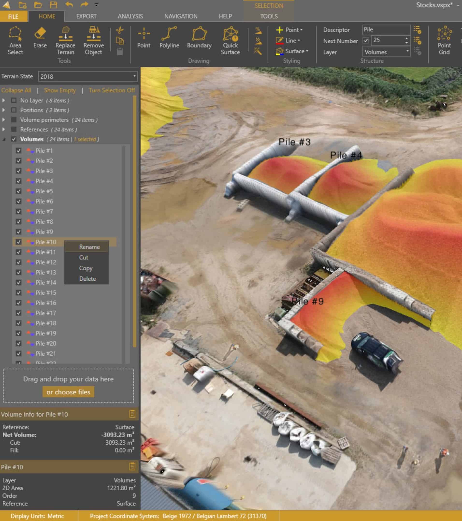 Screenshot of Virtual Surveyor drone surveying software showing a terrain model.